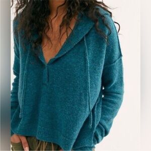 Free People Alpaca Blend Button Down Hooded Sweater in Blue
